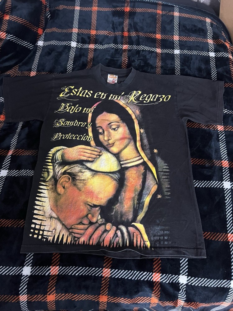 Vintage Virgen De Guadalupe Pope AOP Jesus Christ Mexican T Shirt Men’s Size L