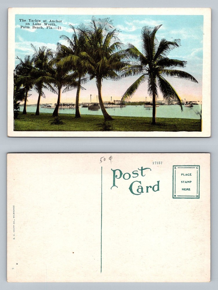 Palm Beach, FL-Florida, Yachts on Lake Worth Palms PC Old Vintage Postcard