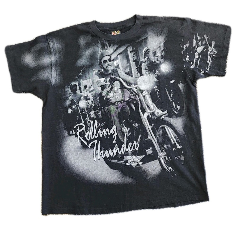 Vtg 90s 3D Emblem Biker Tee Aop Harley Sz XL Double Sided Single Stitched