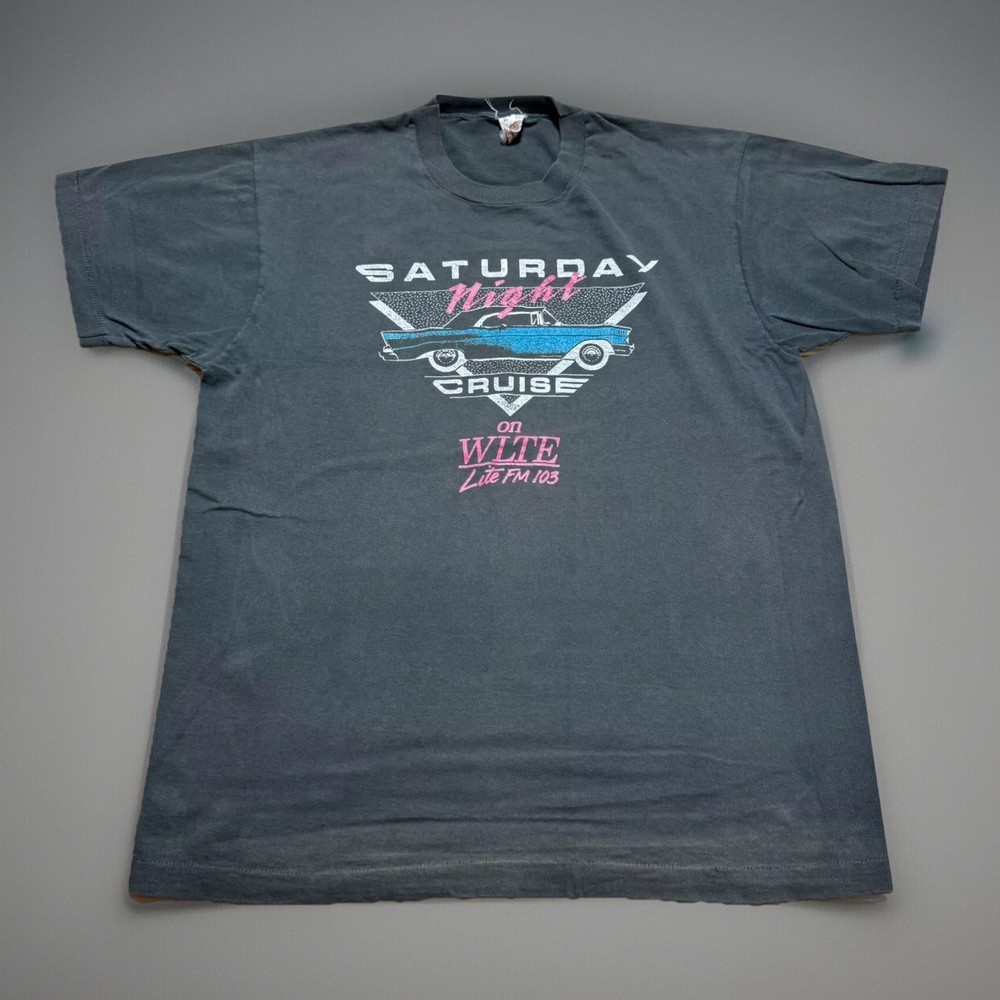 Vintage 80s Saturday Night Cruise On WLTE Lite FM Car Radio Faded Black Shirt XL
