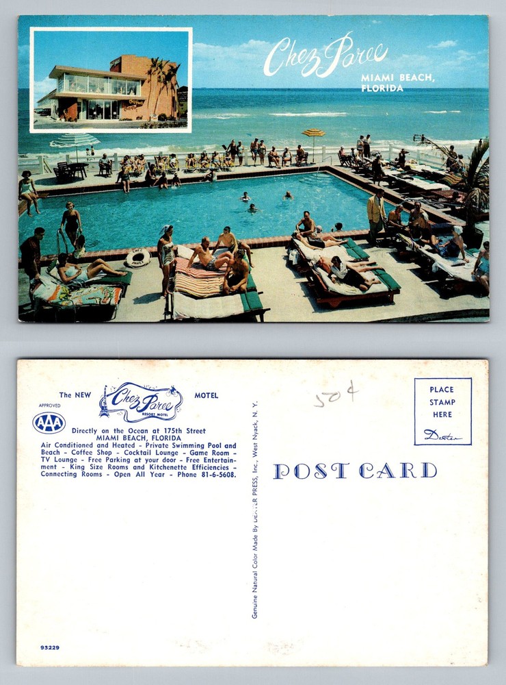 Miami Beach, FL-Florida, Chez Paree Motel Ocean Pool Lounge Vintage Postcard