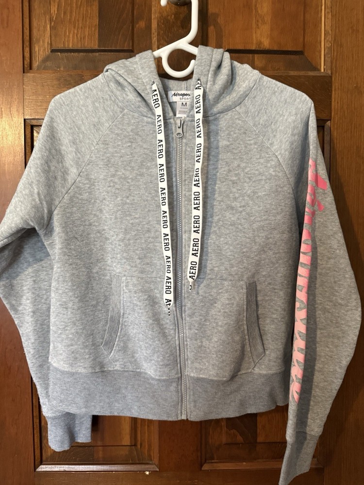 Aéropostale Sport Women's Full Zip Hoodie Gray Pink M Hooded Pockets Graphic