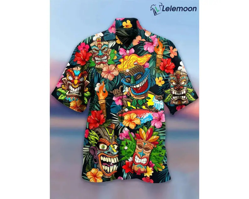 Tiki Print Hawaii Shirt Mens Casual Aloha Beach Vacation Summer