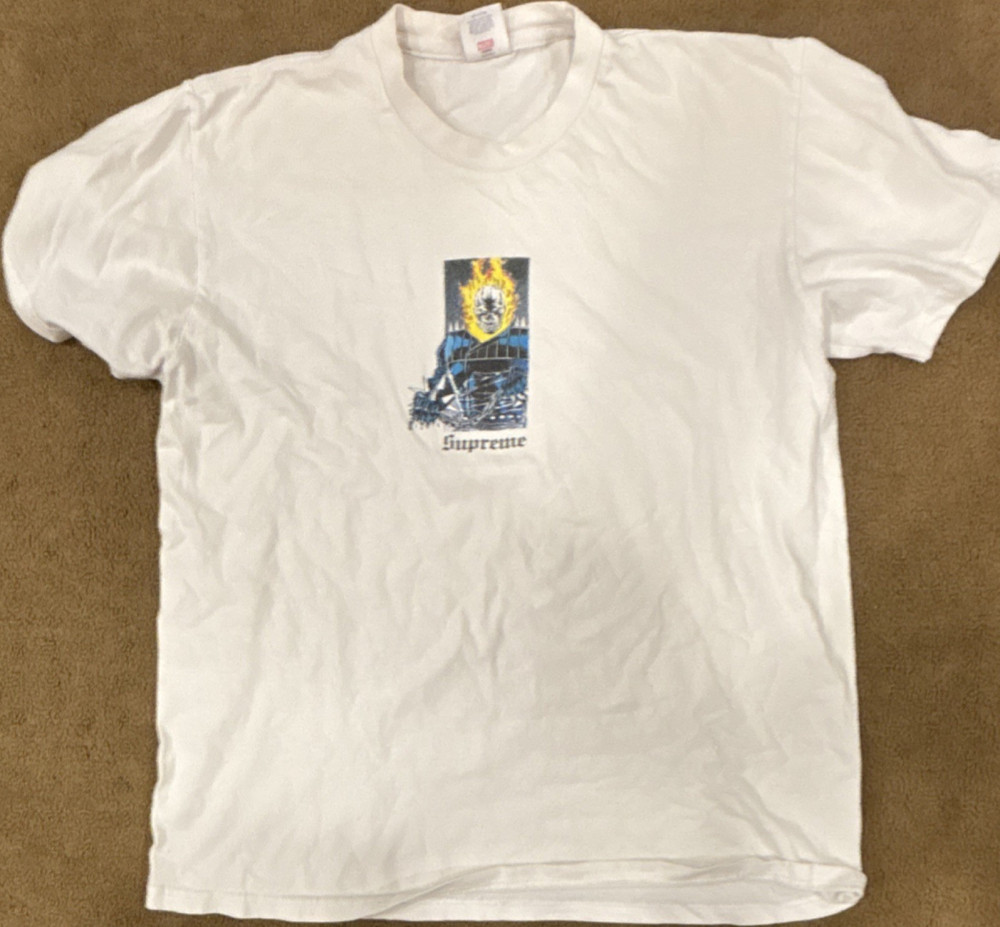 Supreme Men’s White Marvel Ghost Rider Graphic Logo Crew Neck T-Shirt SS M