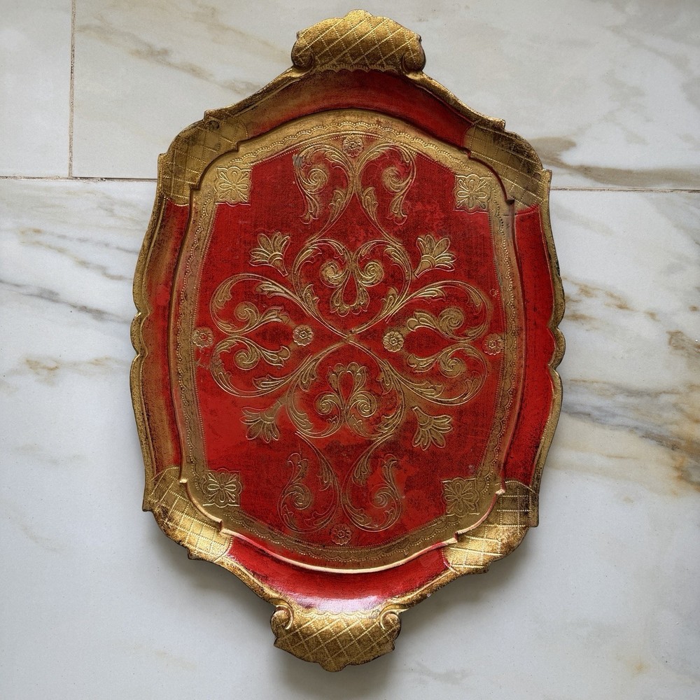 Vintage Florentine Tole Tray Made in Italy Red Gold Ornate Regency