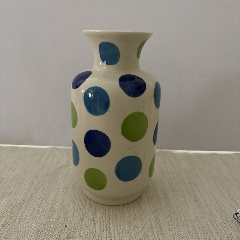 MCM Polka Dot Vase Ceramic Vintage Vase Green Blue White 8in