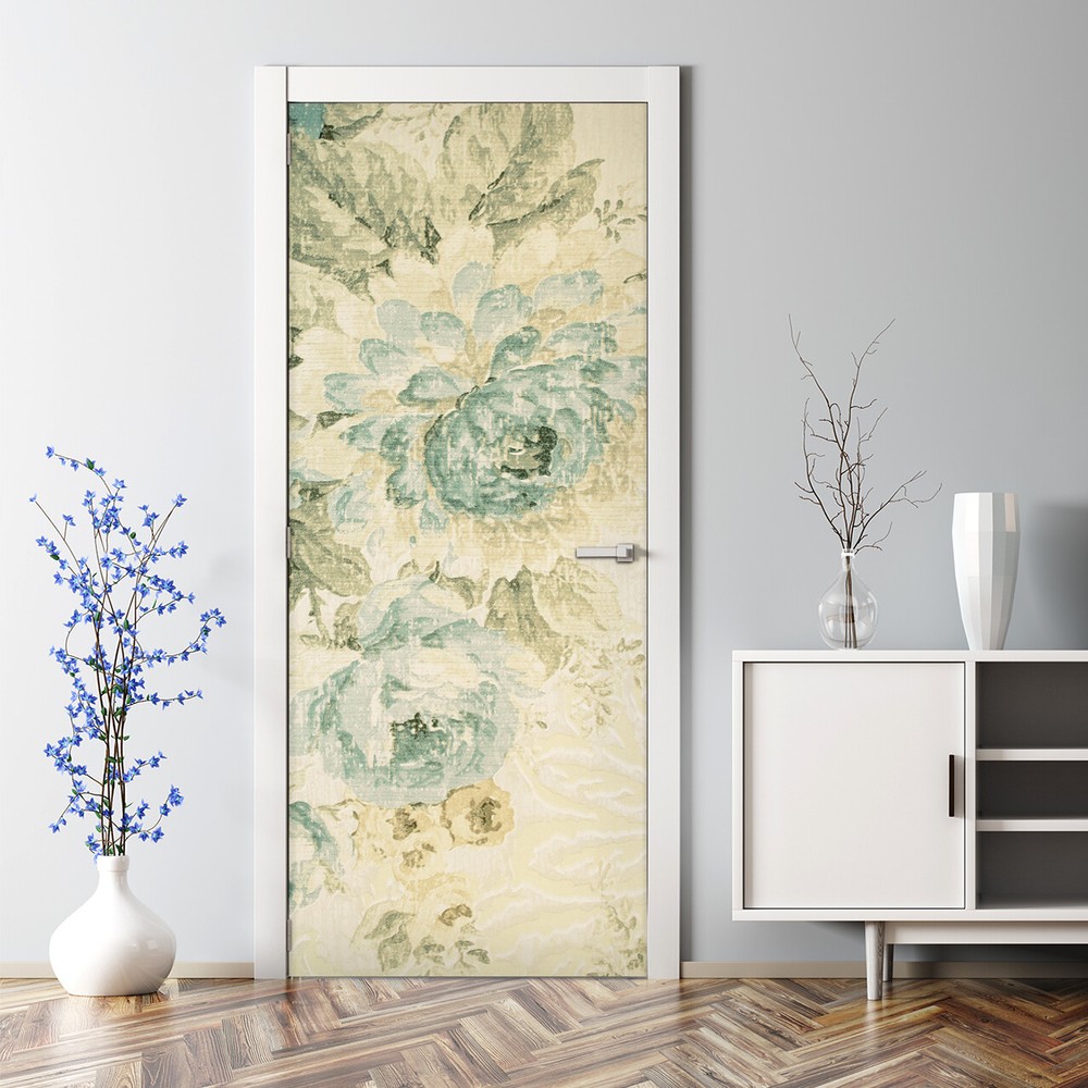 Vintage floral woven bubble-free door decal in blue and yellow