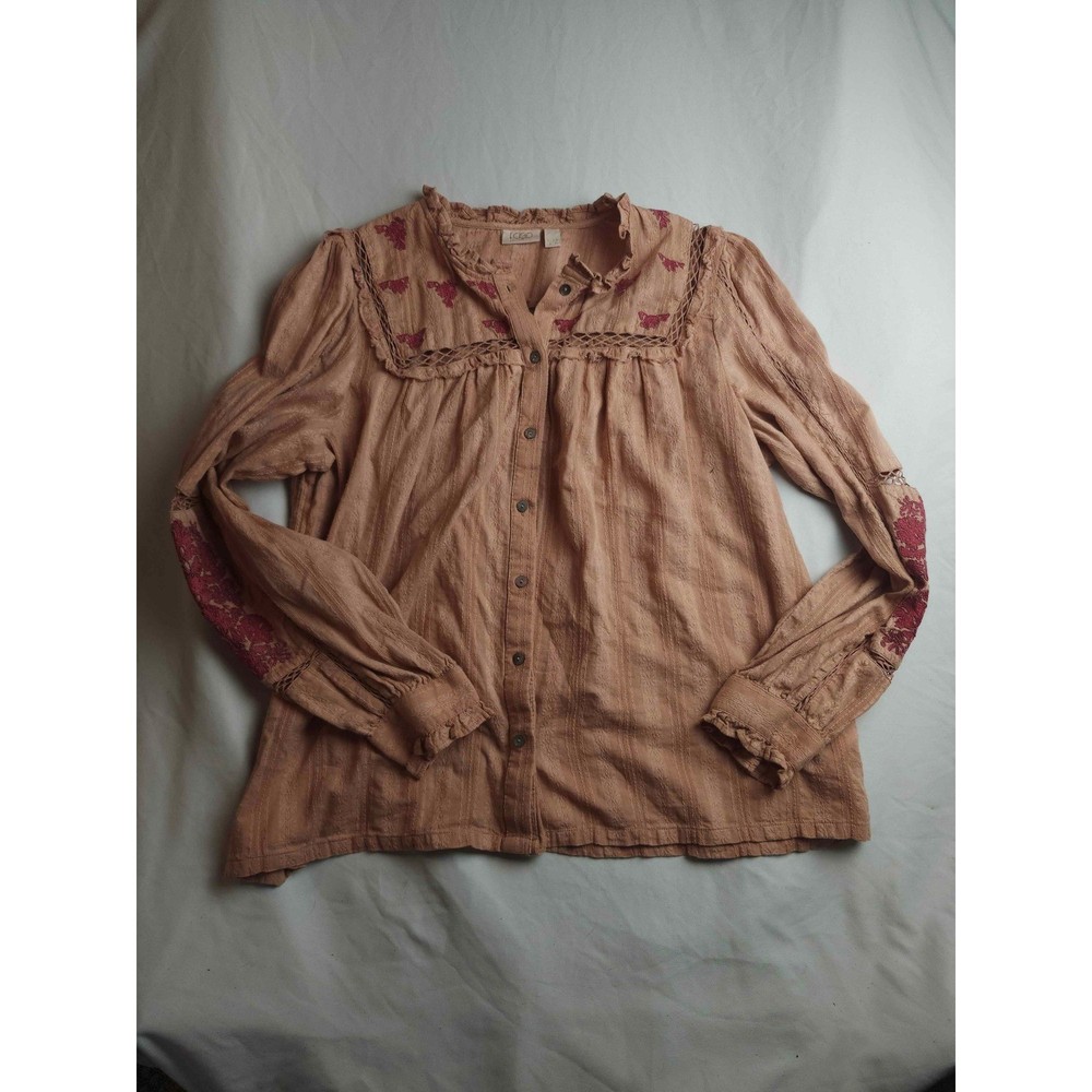 LOGO Lavish Lori Goldstein Embroidered Lace Trim Button Down Terracotta XL