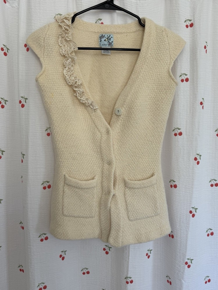 Tabitha Anthropologie Wool Cream Ivory Button Short Sleeve Sweater Vest Top XS