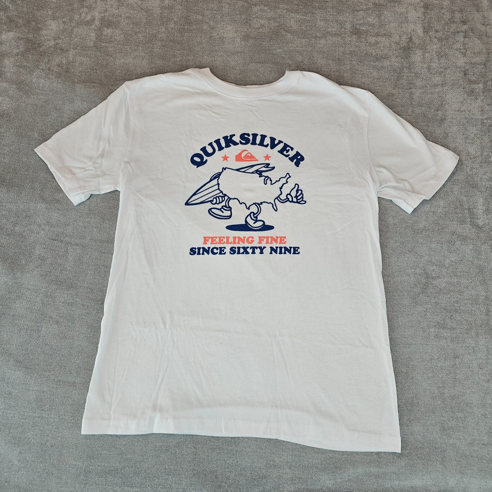 Quiksilver Boys Graphic T-Shirt Youth M White Feeling Fine Logo Cotton Crew Tee