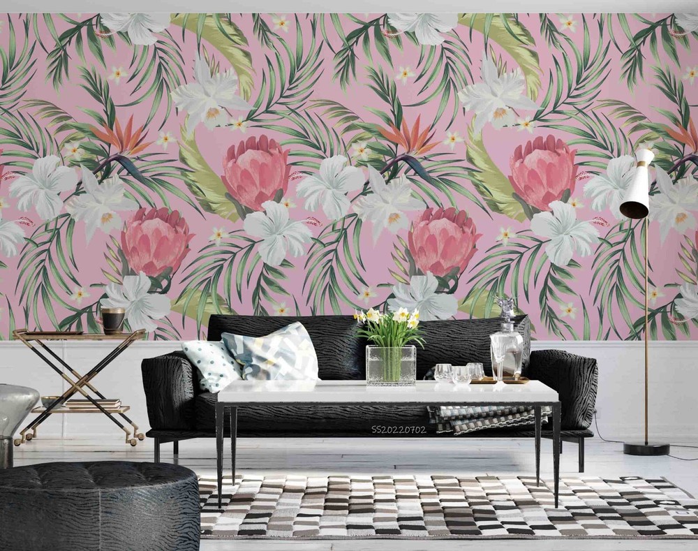 3D Hand Drawn Pink Floral Leaf Wall Murals Wallpaper Murals Wall Sticker
