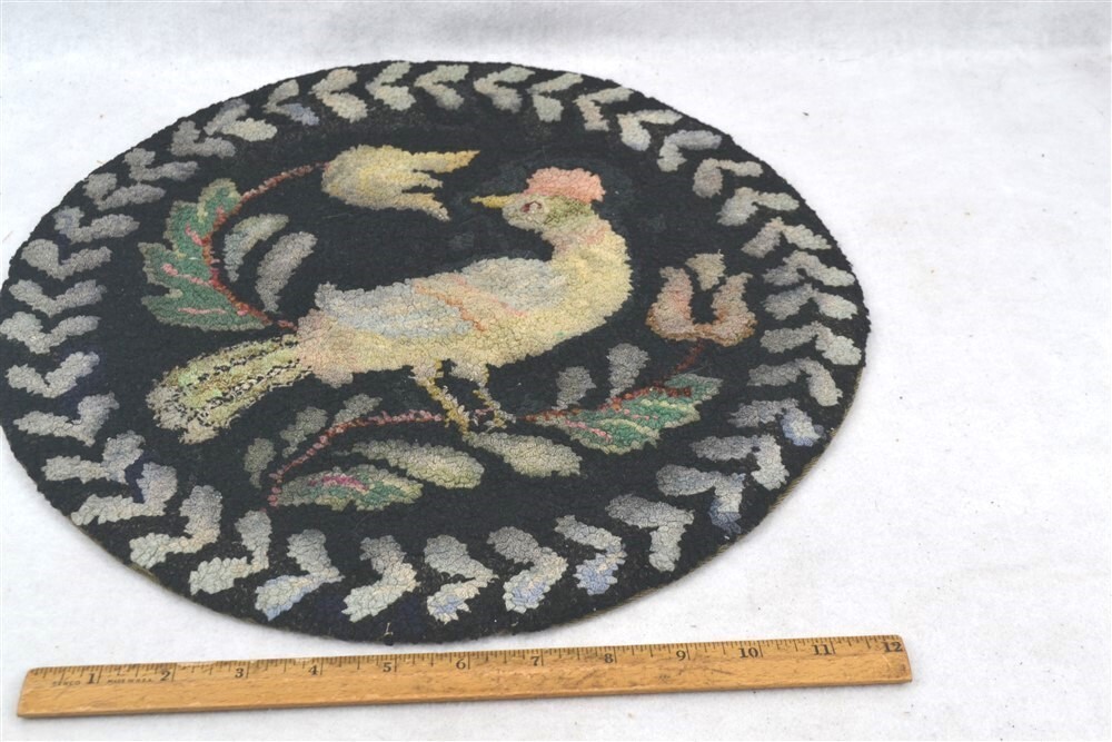 early hooked chair pad bird/flowers scene hand cut wool 14 in folk art antique