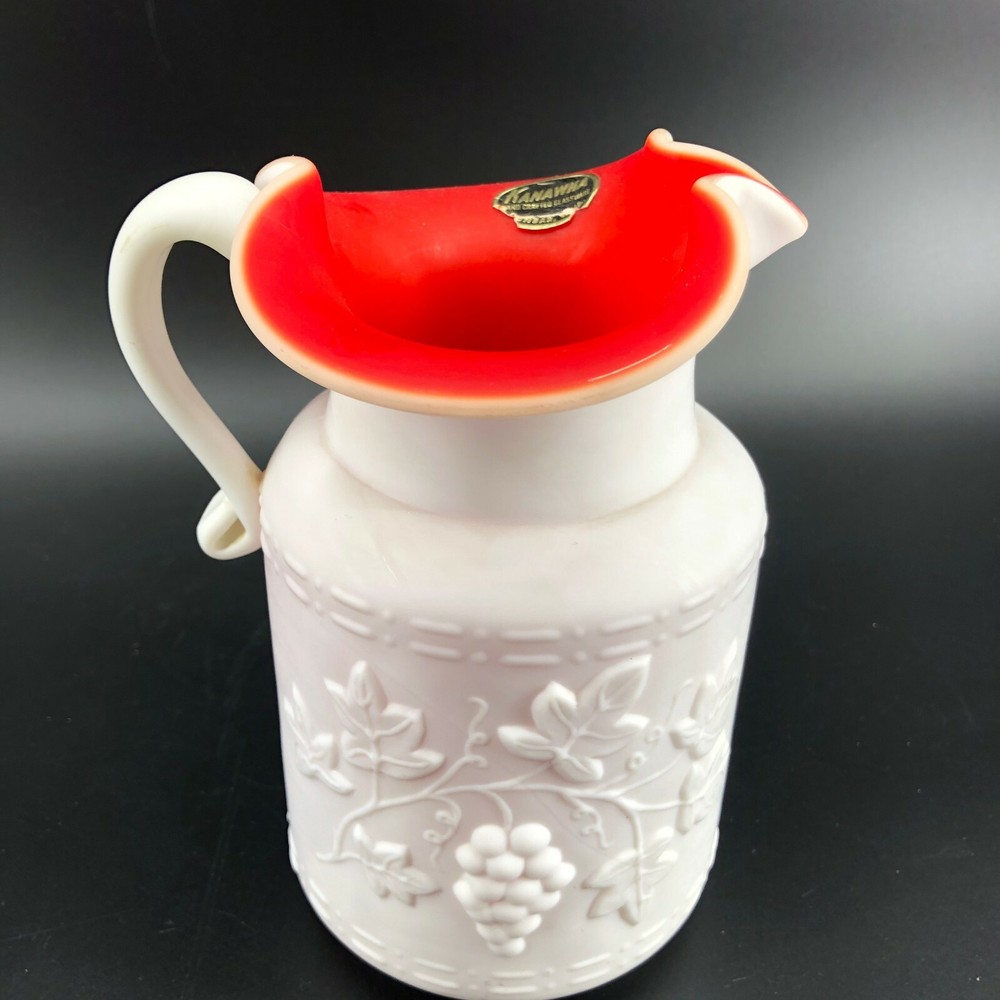 Vintage Kanawha Satin Red Milk Glass Pitcher with Grape Leaf Overlay 7 Inch
