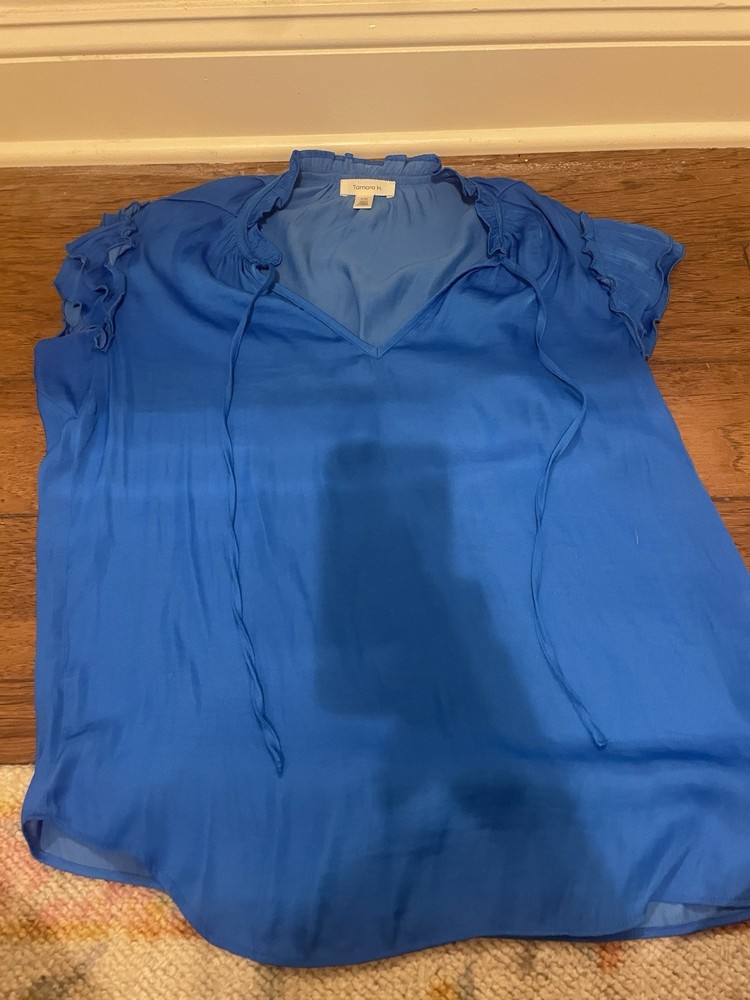 Tamara H. Women’s Blue Solid V-Neck Short Sleeve Ruffle Pullover Blouse S/P