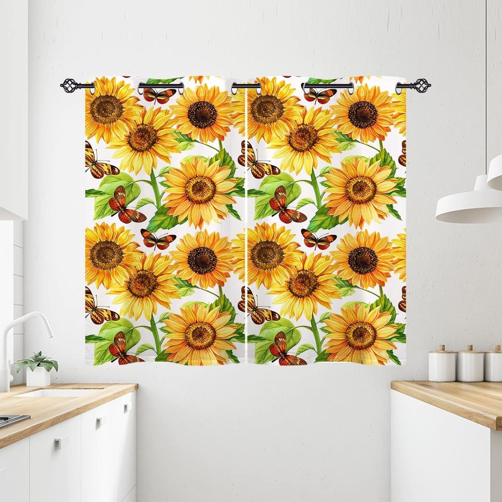 Sunflower Kitchen Curtains Grommet Waterproof Window Drapes with Watercolor Yel