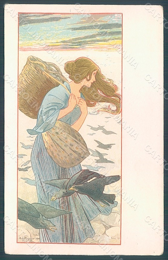 Artist Signed De Riquer Lady Art Nouveau Season Winter postcard HR2229