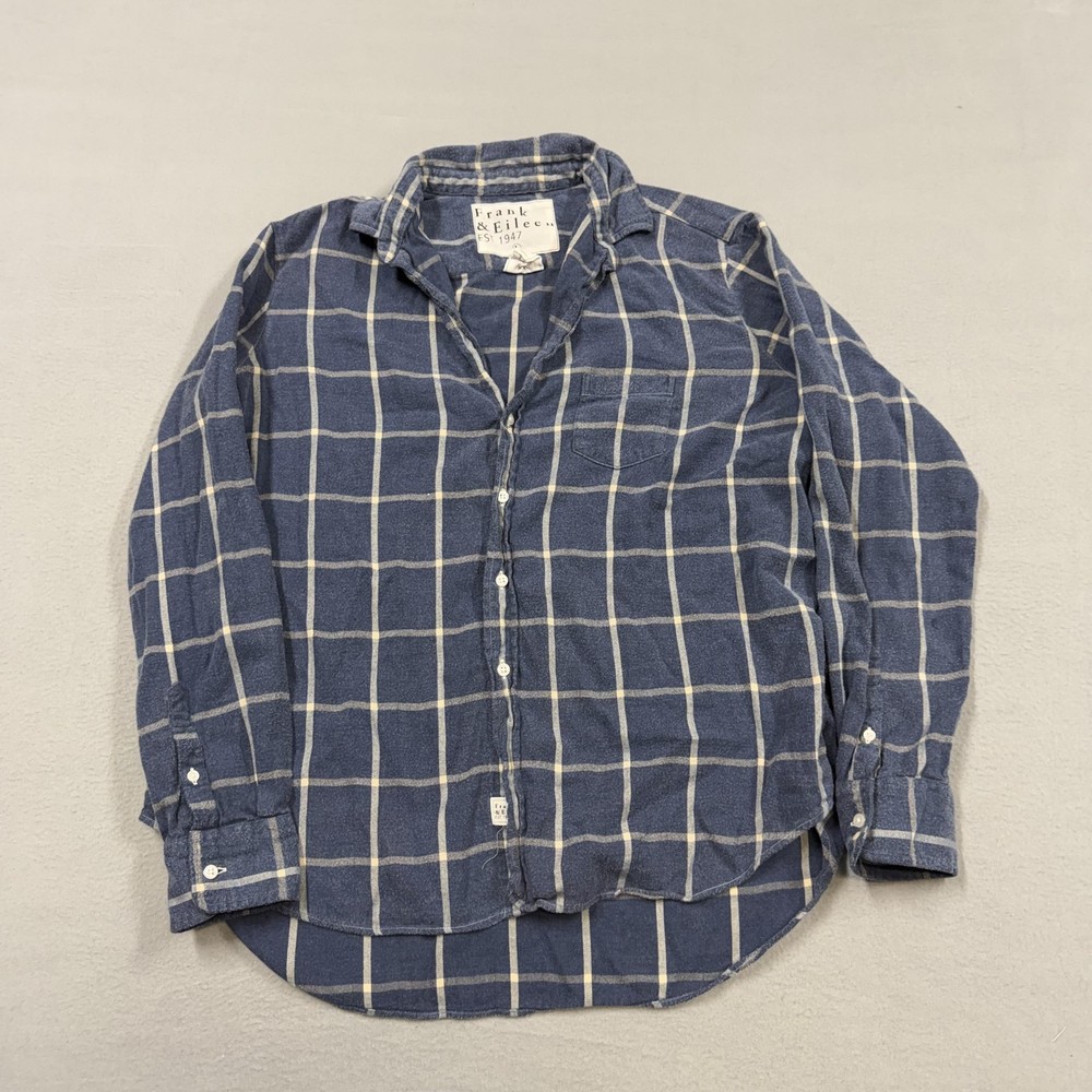 Frank & Eileen Shirt Womens Large Blue Plaid Flannel Button Up Made Italy Casual