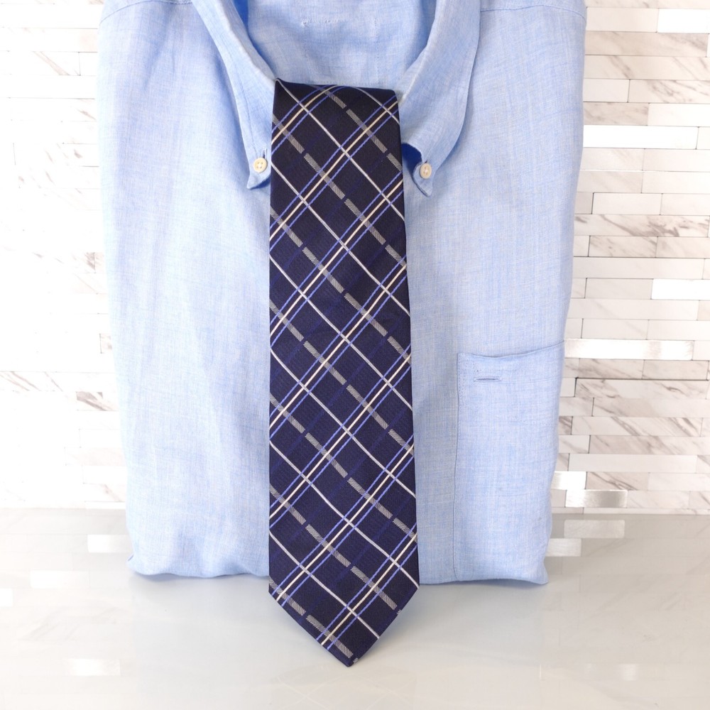 Giovanni Rossini Neck Tie Mens Bluw White Plaid Simple Formal Suit Dress Luxury