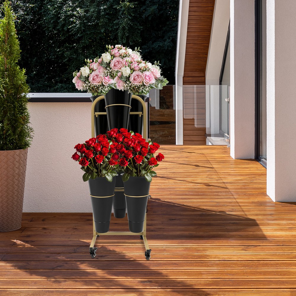 Gold Flower Display Stand+Black 6PCS Buckets 2-Layer Steel Plant Stand w/ Wheels