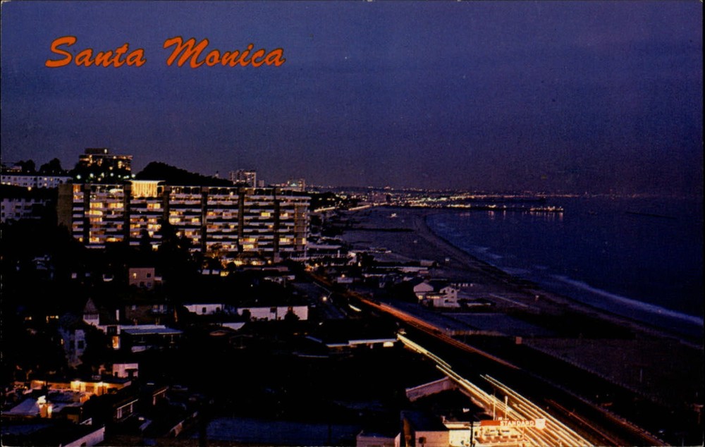 California Santa Monica Bay beach hotels aerial night view ~ vintage postcard