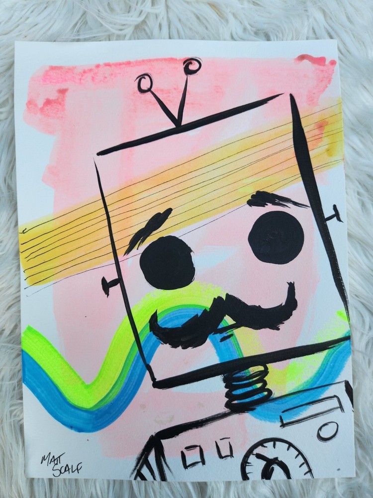 Matt Scalf Abstract Robot Mustache Graffiti Street Art 9x12 ORIGINAL PAINTING-image