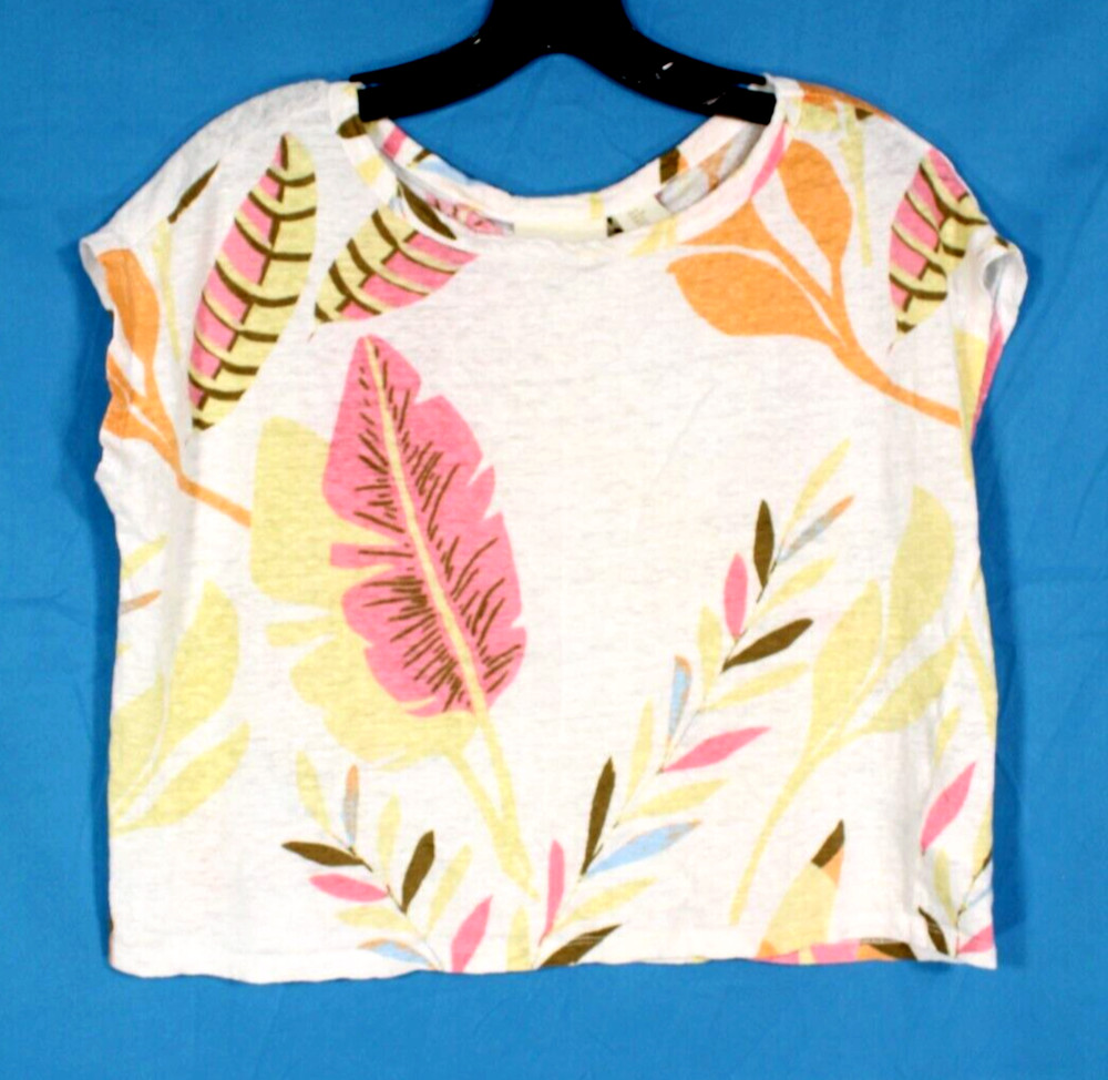 CYNTHIA ROWLEY White/Multi LINEN TROPICAL PRINT Boxy Cropped Blouse/Top Tee S