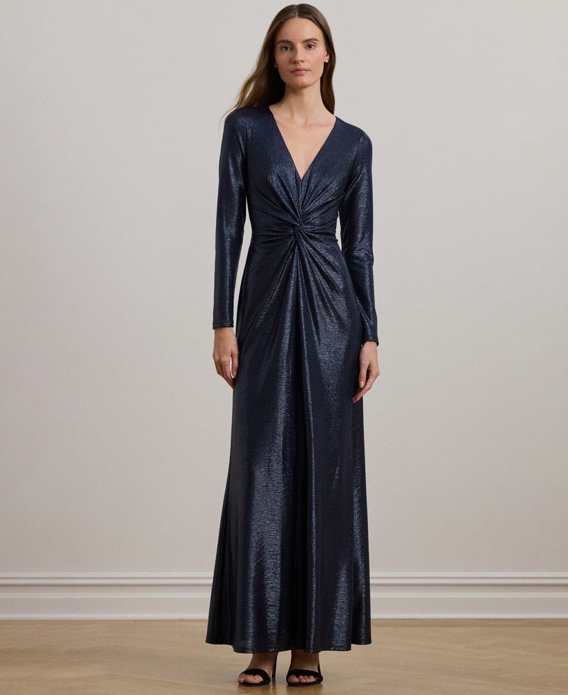 Lauren Ralph Lauren Women Metallic Knit Twist-Front Gown Blue Size 14 MSRP$285