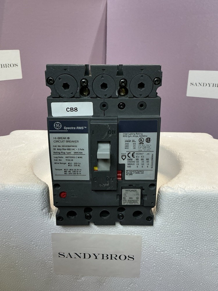 GE SEHA36AT0030 Circuit Breaker 30A 3P 600V W/ SRPE30A20 RATING PLUG.