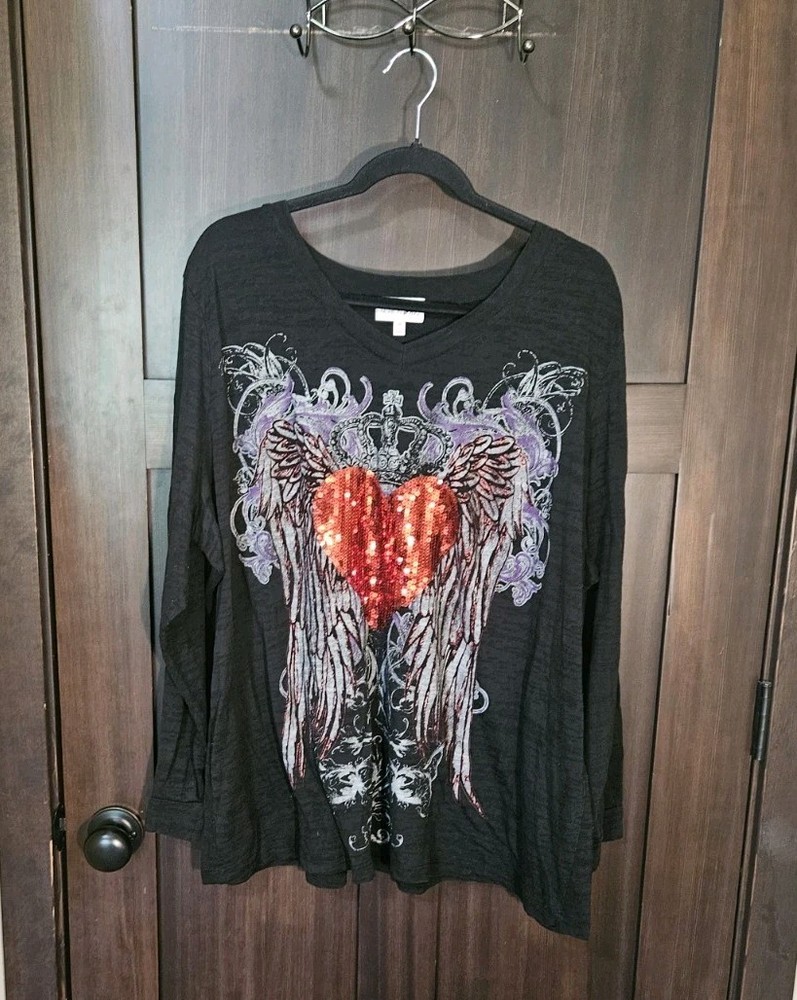 Y2K Women's Plus Black Bling Sequined Winged Heart Top Blouse LS Size 3X