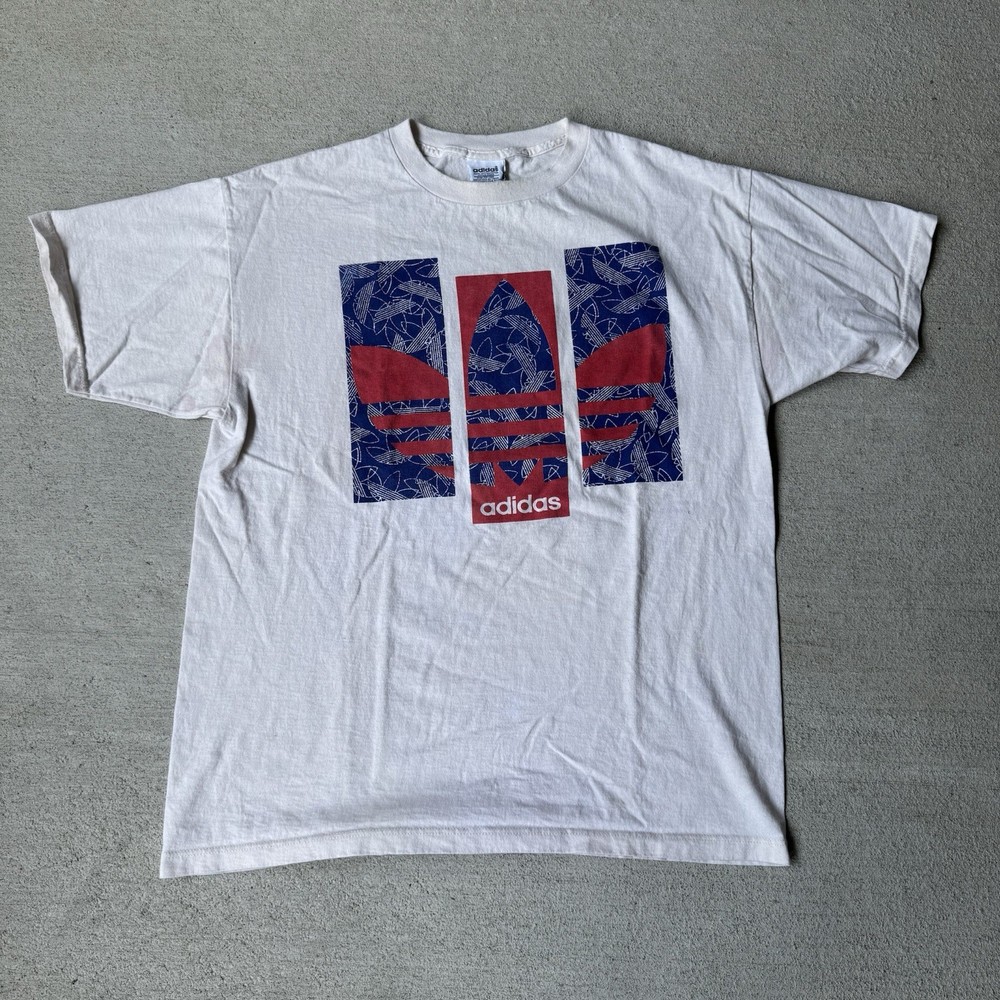 Vintage 90s Made In USA Adidas Trefoil Logo Block Art T Shirt Cotton Size Large