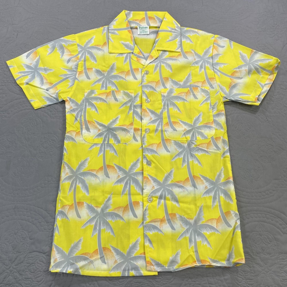 Vintage Tropicana Shirt Mens XS Yellow Palm Tree Hawaiian Button Up Beach 80s