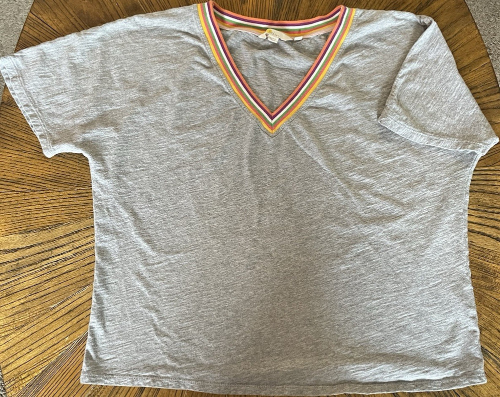 Boden Gray 100% Cotton Striped Neckline V-Neck Short Sleeve Top US 10