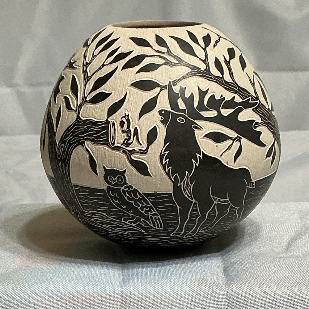 Mata Ortiz Pottery Luis Guillen Ledezma Sgraffito Etched Moose Owl Owls Mexican