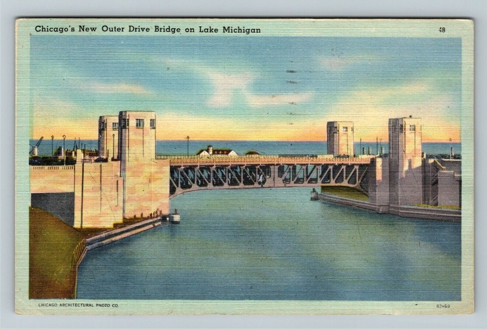 Chicago IL-Illinois New Outer Drive Bridge Lake Michigan  Vintage Postcard