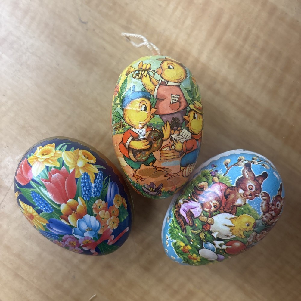 Set of 3 German Paper Papier Mache Easter Eggs Fillable Echt Erzgebirge