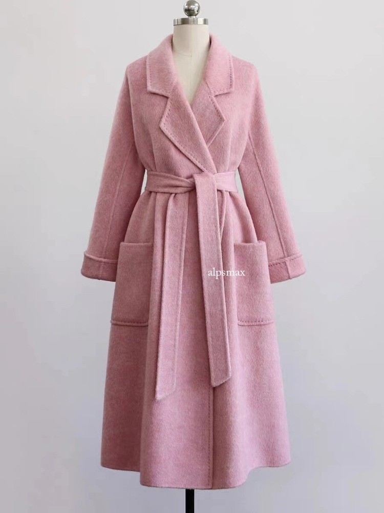 Fall Winter Belted Tie Slim Waist Long Wool Coats Women's Cashmere Robe Jackets