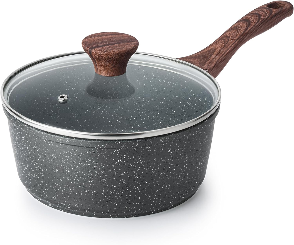 Nonstick Saucepan with Lid, 1.5 Quarts Small Pot with Swiss Granite Coating, Sta