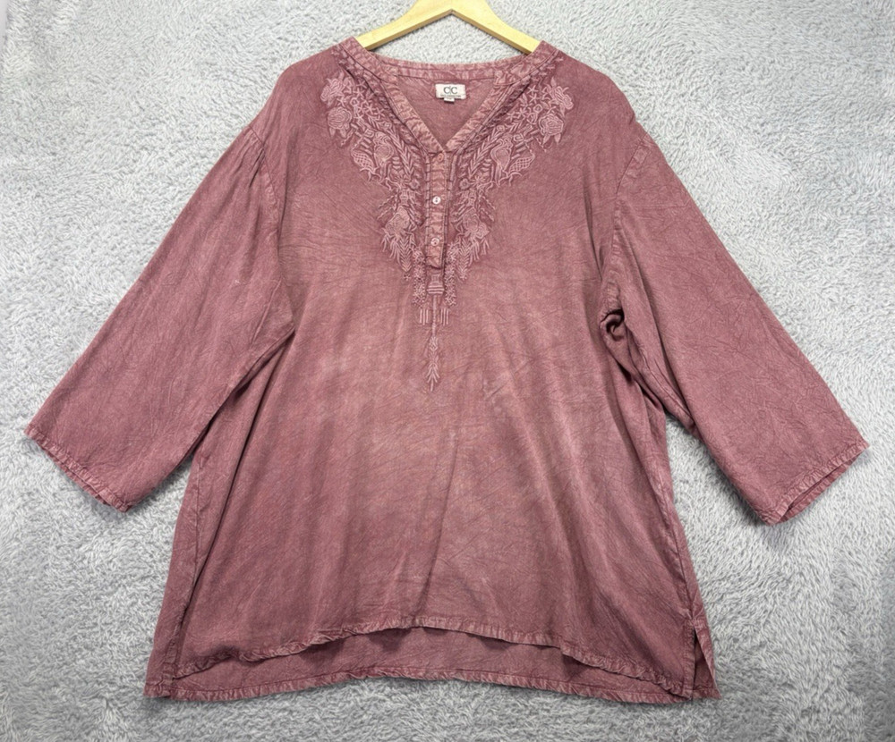 Chic Connection Womens 2X Pink Tonal Floral Embroidered Tunic Top Boho Rayon