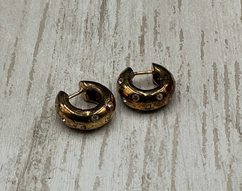 Vintage Italian 925 Silver Gold-Tone Flush-Set CZ Chunky Huggie Hoop Earrings