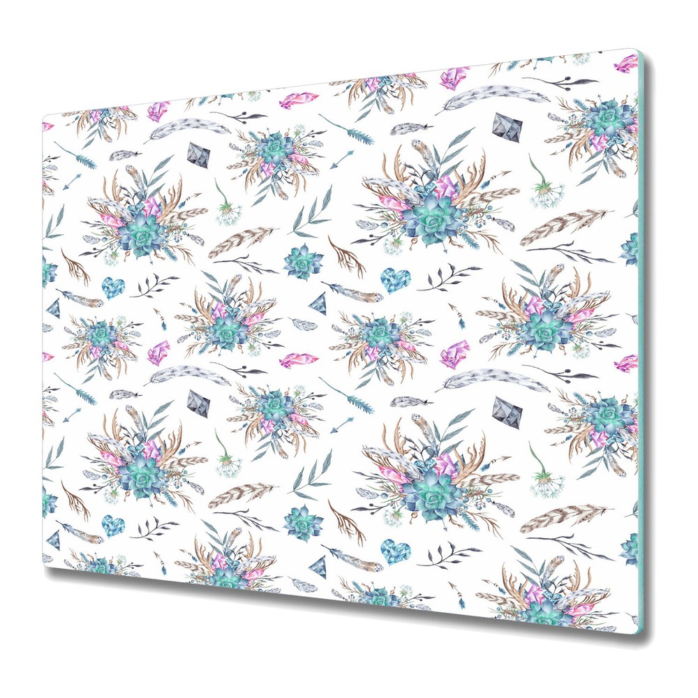 Serving Chopping Board Glass Cover for Pastel Colours Floral Feathers 60x52