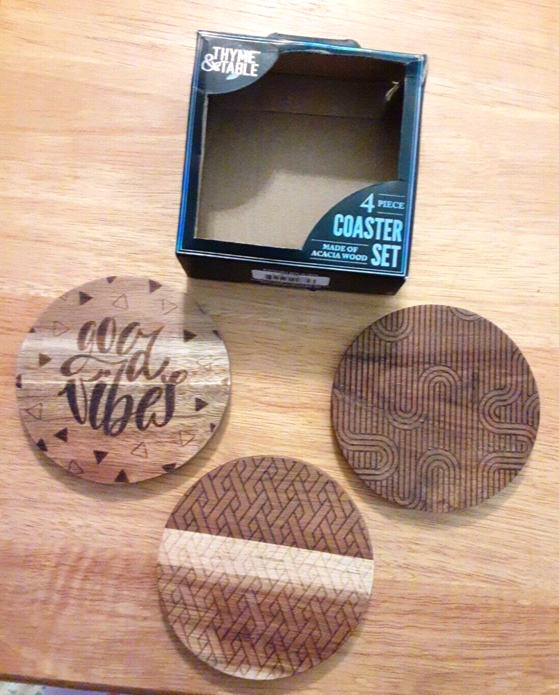 Laser-Etched Acacia Wood Coasters 3-Piece Set with Geometric Good Vibes Design in Gift Box  -image