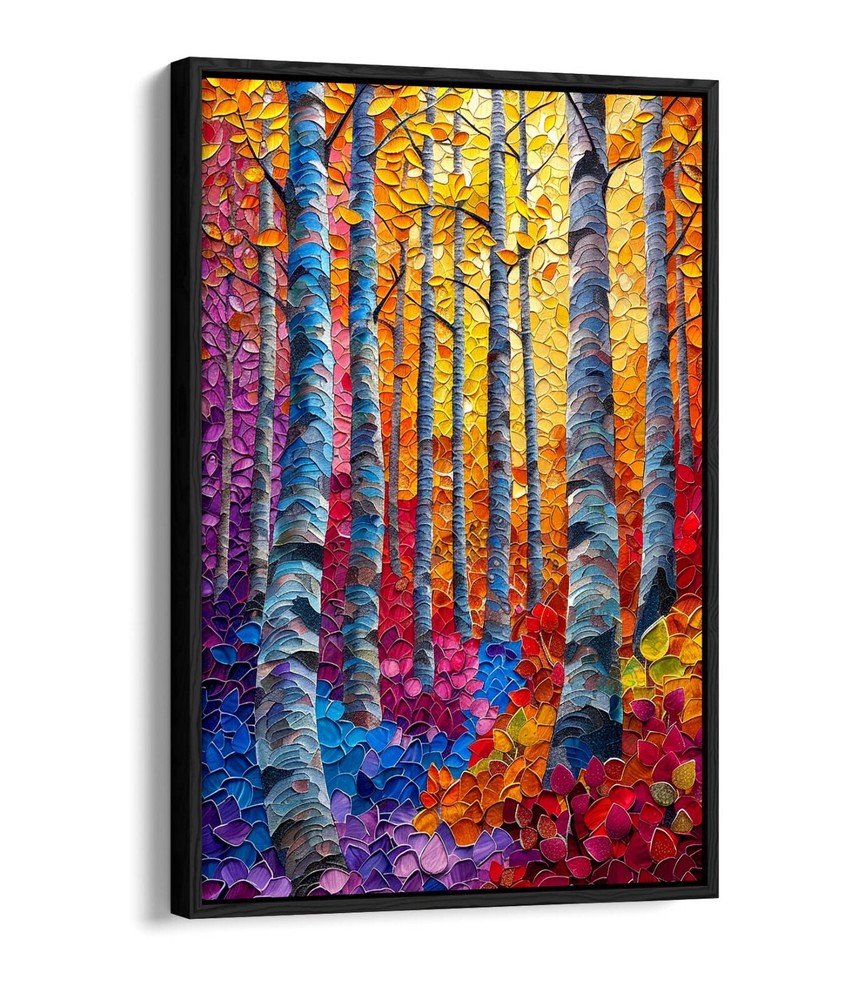 COOL MULTI COLOUR FOREST OF BIRCH TREES HOME DECOR FLOAT EFFECT CANVAS ART PRINT