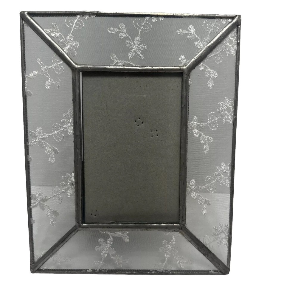 Vntg Handmade Metal Leaded Glass Photo Frame Pressed Floral Lace Boho Cottage
