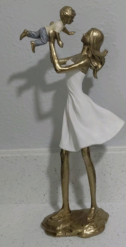 Modern Resin Mother and Child Family Figurine Gold White Blue Matte 13 Inch