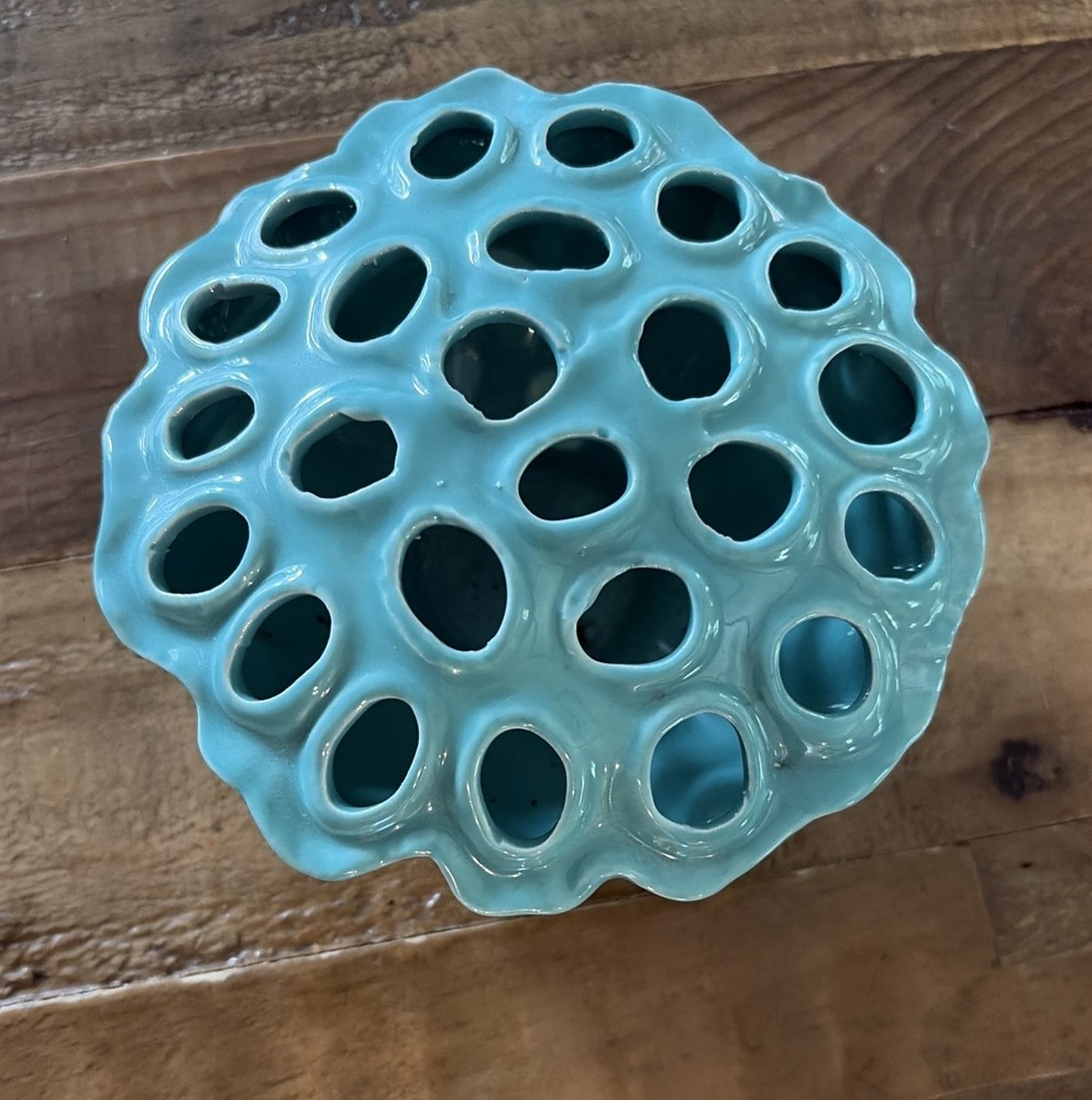 Vintage Art Pottery Lotus Seed Pod Flower Frog Vase Turquoise Aqua