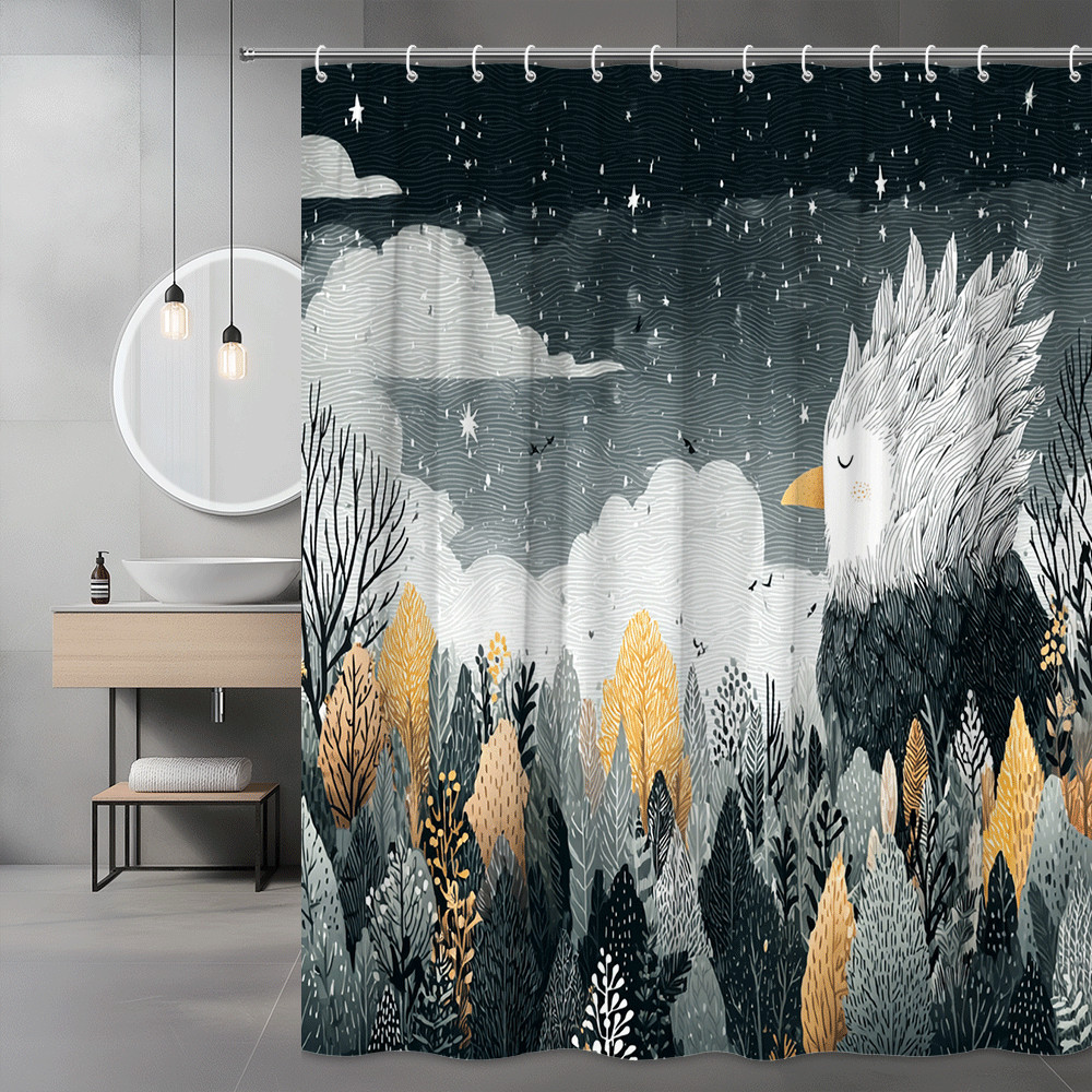 Forest Bird Shower Curtain, Owl in Trees Night Sky Print