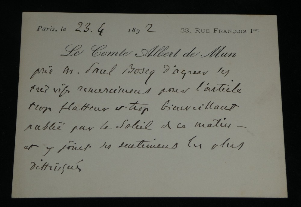 Count Albert de Mun - Autograph Letter Thank You Card Signed to Paul Boscq