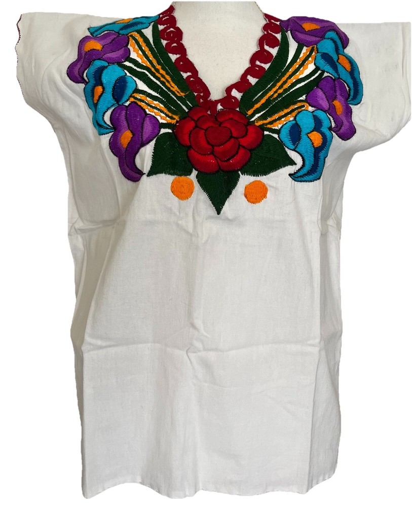 Mexican Top Small White Cotton Huipil Embroidered Purple Blue Red Flowers New
