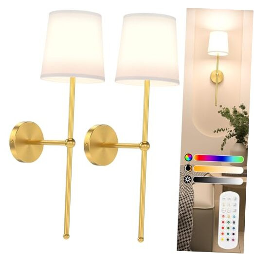 Battery Operated Wall Sconce Set of 2, Gold Wireless Wall Lights with 2 Pack