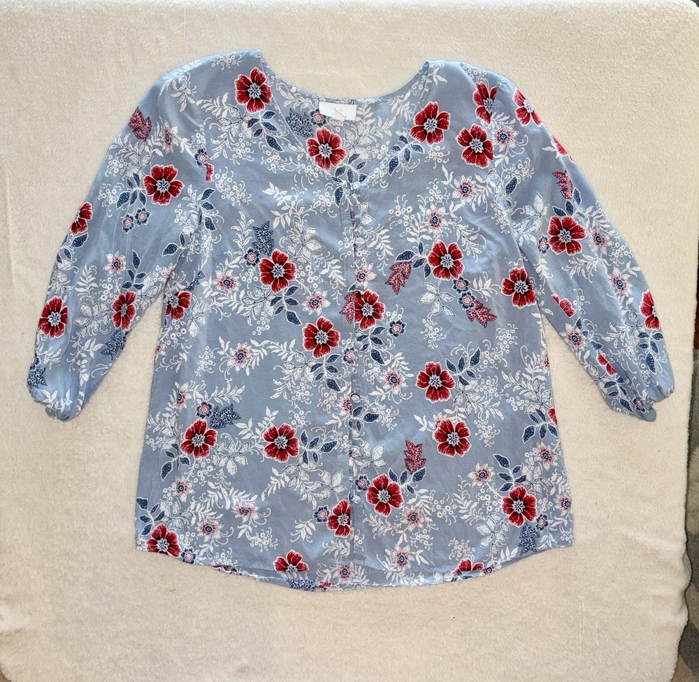 J.Jill Women’s Size S Blue & Red Floral Rayon Button Up 3/4 Sleeve Light Top
